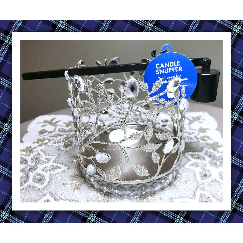 Bath & Body Works Silver Bling Botanical 3-Wick Candle Holder Sleeve & Snuffer